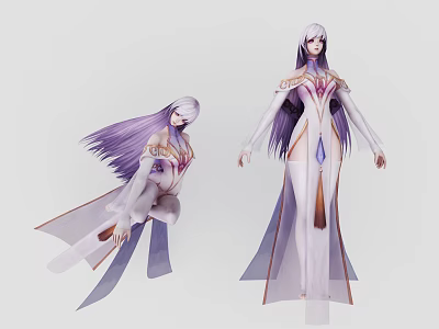 Game Movie Character With Purple Long Hair White Purple Outfit And Flowing Dress 3d model