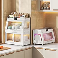 Modern White Transparent Door Storage Cabinets For Kitchen Countertop With Dishes Bowls And Spice Jars