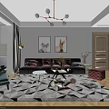 Modern Living Dining Room Interior With Gray Sofa Pink Cushions And Geometric Rug