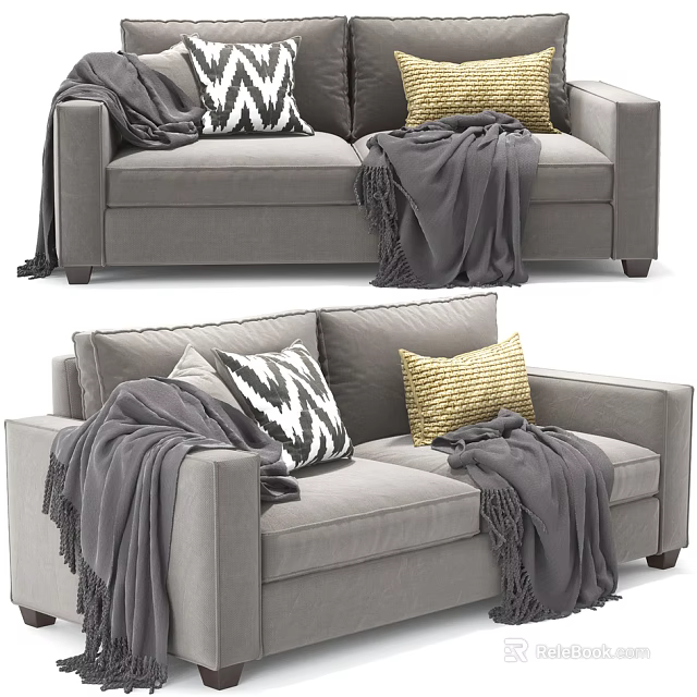 Cozy Gray Double Sofa With Fringed Blankets And Decorative Patterned Pillows 3d model