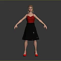 A Woman Wearing Red Tank Top Black Skirt And Red High Heels Against Gray Background