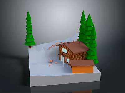 Snowy Mountain Scene With Wooden Cabin Green Pine Trees And Ski Slope 3d model