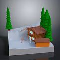 Snowy Mountain Scene With Wooden Cabin Green Pine Trees And Ski Slope