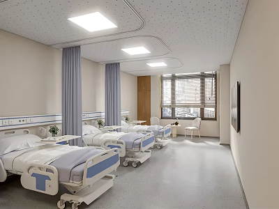 Hospital Outpatient Ward Interior With Multiple Beds Blue Curtains Windows And Medical Equipment 3d model