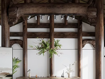 Traditional Tea Room Interior With Wooden Beams Green Plants And Tea Sets 3d model
