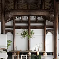 Traditional Tea Room Interior With Wooden Beams Green Plants And Tea Sets