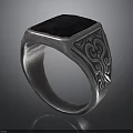 Silver Ring with Square Black Gemstone and Intricate Carved Patterns on Band