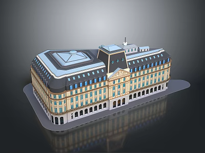 Scenic Landscape View Of European Style Building With Blue Roof And Yellow Facade 3d model