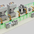 Industrial Equipment Automated Production Line With Robotic Arms And Safety Fencing