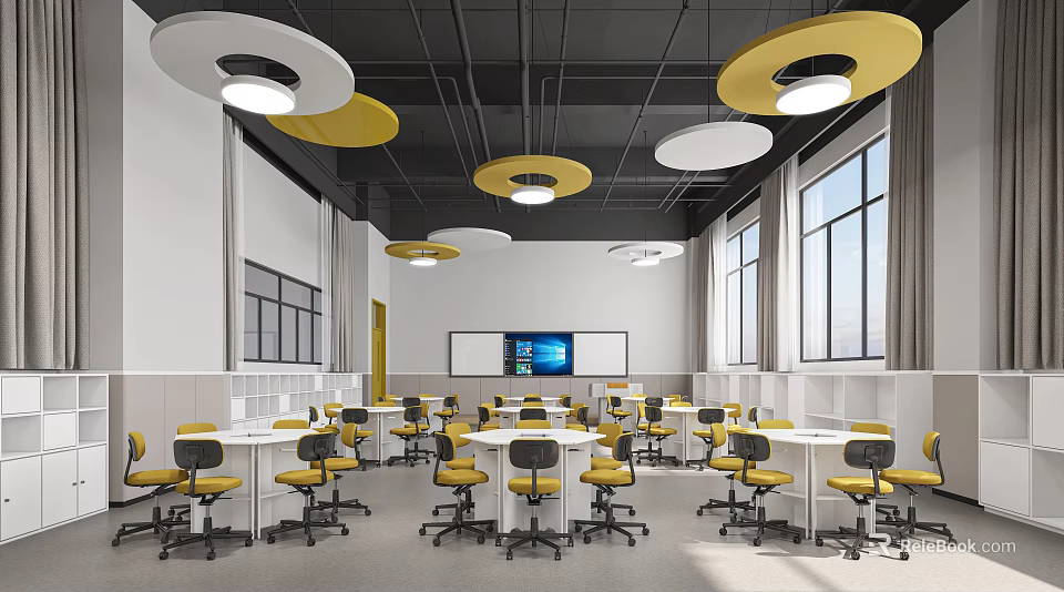 School Modern Classroom Interior With Yellow Chairs And Lights 3d model 