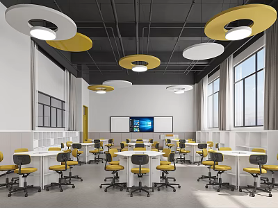 School Modern Classroom Interior With Yellow Chairs And Lights 3d model