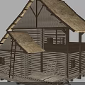 Rustic Log House Architecture With Thatch Roof Wooden Porch Ladder And Wheel Accents