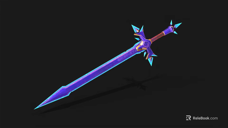 Fantasy Sword Weapon with Purple Glowing Blade and Blue Crystal Decorative Hilt 3d model 