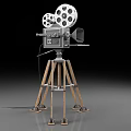 Vintage Movie Projector Commercial Equipment With Wooden Tripod And Film Reels