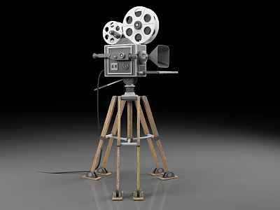 Vintage Movie Projector Commercial Equipment With Wooden Tripod And Film Reels 3d model