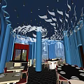 Elegant Restaurant Interior Featuring Dark Blue Ceiling White Leaf Decorations Blue Curtains And Red Door