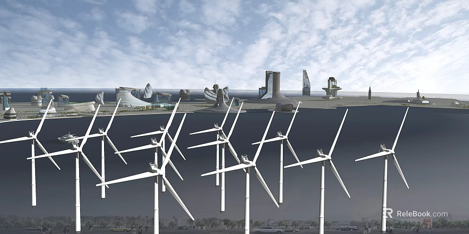 Large Modern Industrial Architectural Components With Wind Turbines And Factory Structures 3d model