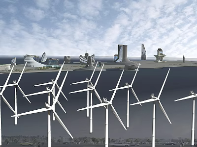 Large Modern Industrial Architectural Components With Wind Turbines And Factory Structures 3d model