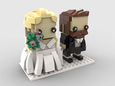 Brick Built Bride and Groom Figurine with Wedding Bouquet Black Tuxedo and Mustache 3d model