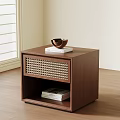 Modern Brown Wooden Bedside Table With Woven Drawer Bowl And Books On Top