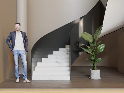 Spiral Staircase With White Marble Steps And Green Plant In Modern Interior 3d model
