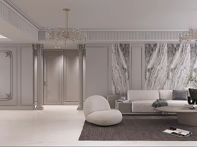 Elegant Living Dining Room Interior With Chandelier Marble Walls And Sofa Rug 3d model
