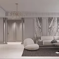 Elegant Living Dining Room Interior With Chandelier Marble Walls And Sofa Rug
