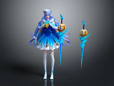 Game Movie Character In Blue White Outfit Long Hair Holding Yellow Orb And Blue Weapons 3d model