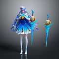 Game Movie Character In Blue White Outfit Long Hair Holding Yellow Orb And Blue Weapons