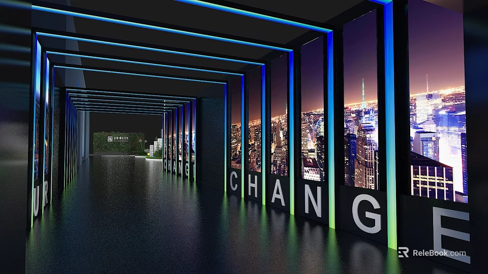 Modern Elevator Corridor Interior Design With Blue Lighting And City Night View Through Large Windows 3d model