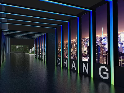 Modern Elevator Corridor Interior Design With Blue Lighting And City Night View Through Large Windows 3d model