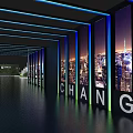 Modern Elevator Corridor Interior Design With Blue Lighting And City Night View Through Large Windows 3d model