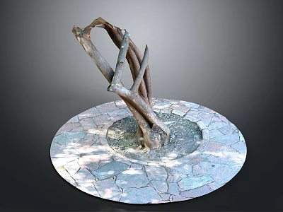 Wood And Stone Sculpture With Circular Stone Base And Intertwined Structure 3d model