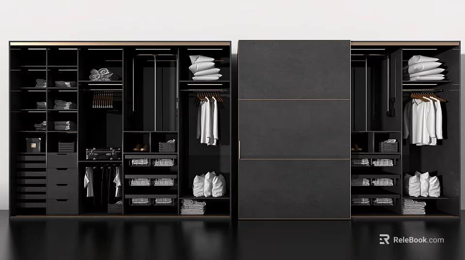 Modern Black Wardrobe Interior With Hanging Rods Folded Clothes And Storage Drawers 3d model 