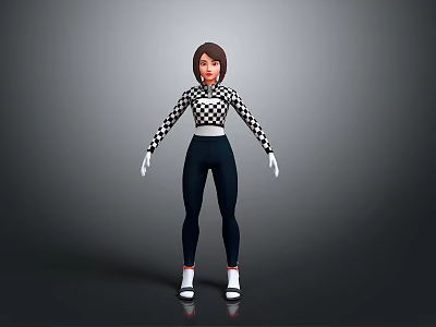 3D Character Model With Checkered Long Sleeve Top And Black Leggings 3d model