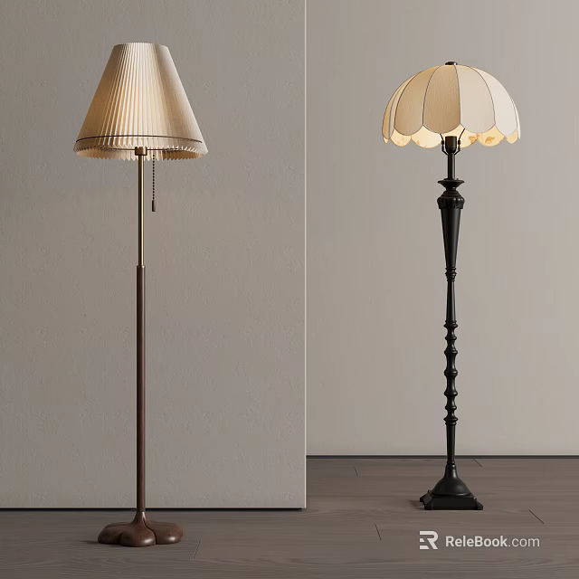 Modern Stylish Floor Lamps With Pleated Shades And Decorative Metal Bases 3d model 