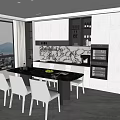 Modern Open Dining Room Interior With Dining Table Chairs Large Windows Marble Countertop And Cabinets