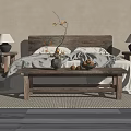 Double Bed In Bedroom With Wooden Headboard Nightstands Table Lamps Rug Vase And Fruit Bowl