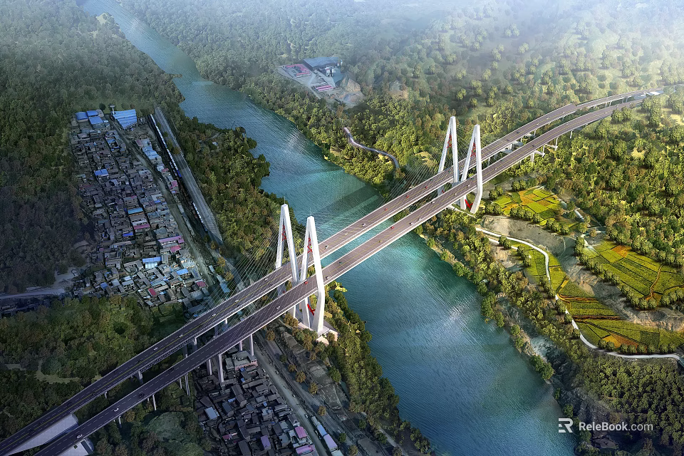 Modern Cable Stayed Bridge Over River With Green Vegetation And Road Links 3d model