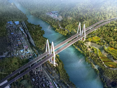 Modern Cable Stayed Bridge Over River With Green Vegetation And Road Links 3d model
