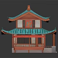Traditional Chinese Two Story Building With Blue Roof Red Pillars And Ornate Design