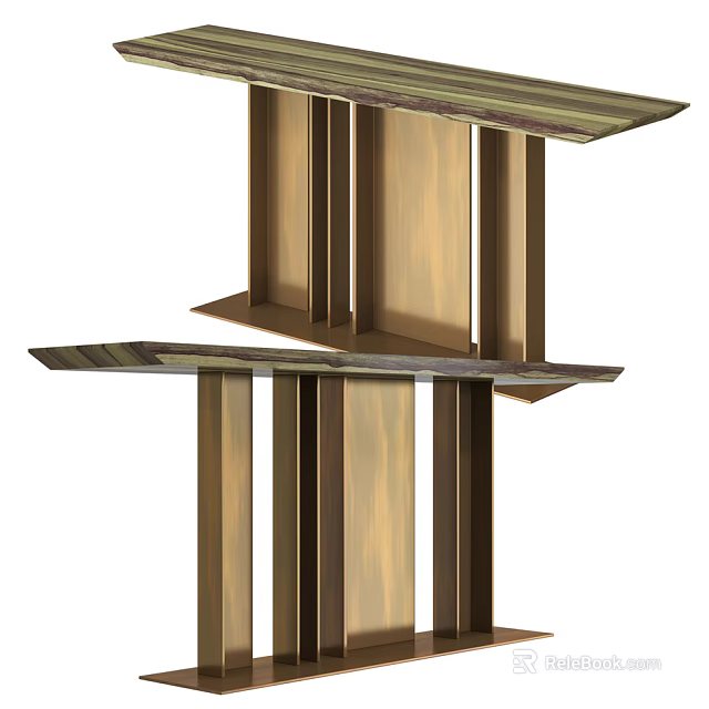 Modern Console Table Design With Geometric Wooden Structure And Layered Shelves 3d model