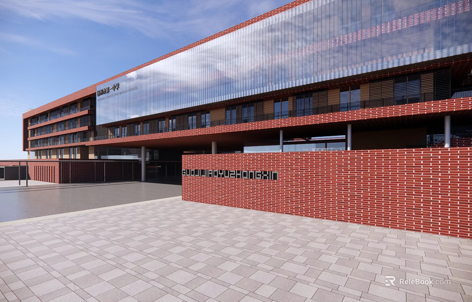 Modern School Building With Red Brick Walls Glass Curtain Walls And Spacious Entrance Plaza 3d model 