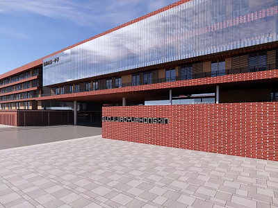 Modern School Building With Red Brick Walls Glass Curtain Walls And Spacious Entrance Plaza 3d model