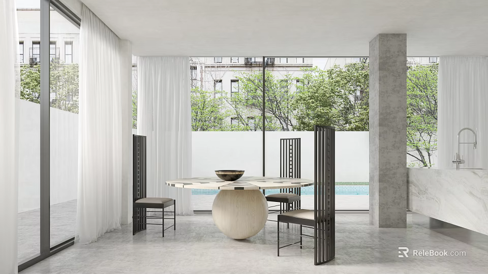 Modern Restaurant Interior With Large Windows Green Trees Round White Dining Table And Black Chairs 3d model 