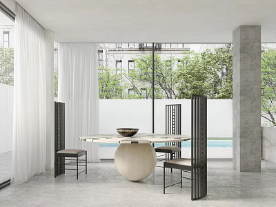 Modern Restaurant Interior With Large Windows Green Trees Round White Dining Table And Black Chairs 3d model