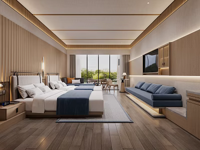 Hotel Guest Room Interior With Wooden Elements Large Windows Sofa TV And Natural Light 3d model