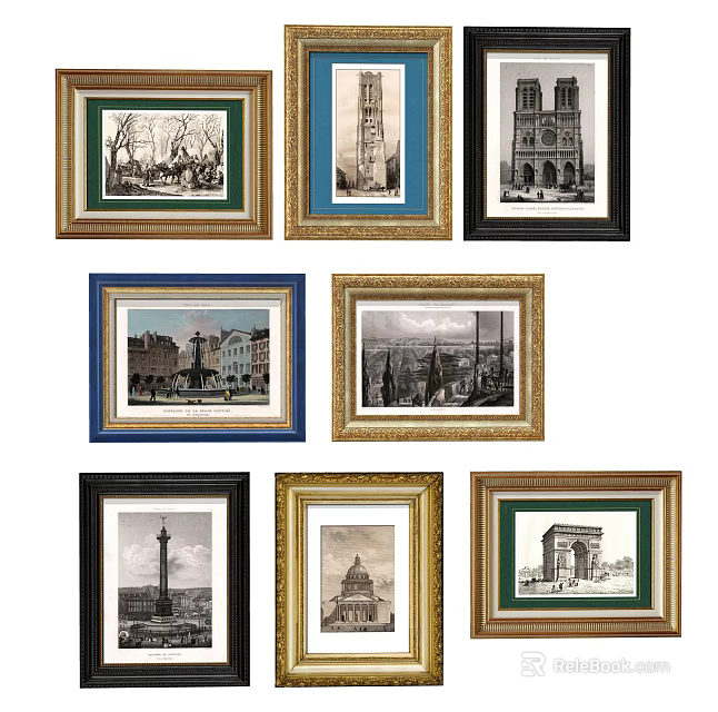 Vintage Framed Wall Art With Classic European Architectural Themes And Diverse Frame Colors 3d model 