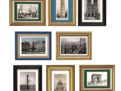 Vintage Framed Wall Art With Classic European Architectural Themes And Diverse Frame Colors 3d model