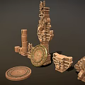 Wooden Stone Carved Sculptures Mayan Inspired Tower Columns Discs With Intricate Patterns